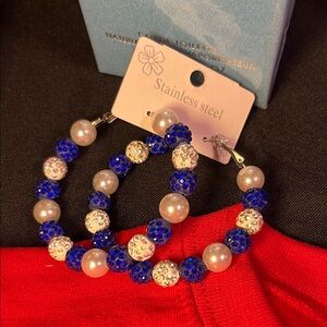 Elegant Blue and Silver Beaded Hoop Earrings